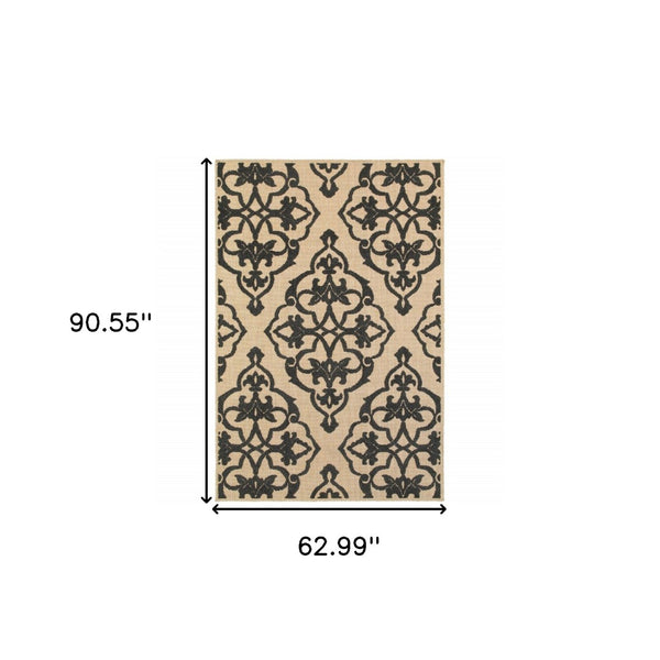 HomeRoots 5' X 8' Beige and Black Medallion Area Rug - Stain Resistant for Indoor and Outdoor High-Traffic Spaces 5'3" x 7'6" 507556