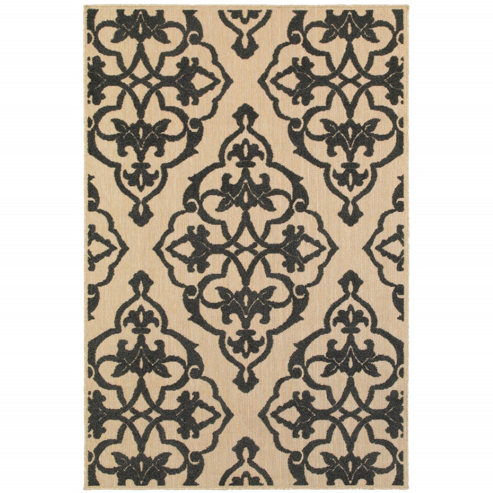 HomeRoots 5' X 8' Beige and Black Medallion Area Rug - Stain Resistant for Indoor and Outdoor High-Traffic Spaces 6'7" x 9'6" 507557