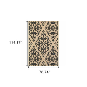 HomeRoots 5' X 8' Beige and Black Medallion Area Rug - Stain Resistant for Indoor and Outdoor High-Traffic Spaces 6'7" x 9'6" 507557