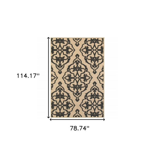 HomeRoots 5' X 8' Beige and Black Medallion Area Rug - Stain Resistant for Indoor and Outdoor High-Traffic Spaces 6'7" x 9'6" 507557