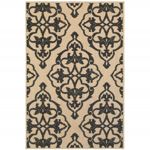 HomeRoots 5' X 8' Beige and Black Medallion Area Rug - Stain Resistant for Indoor and Outdoor High-Traffic Spaces 7'10" x 10'10" 507558