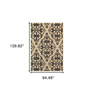 HomeRoots 5' X 8' Beige and Black Medallion Area Rug - Stain Resistant for Indoor and Outdoor High-Traffic Spaces 7'10" x 10'10" 507558