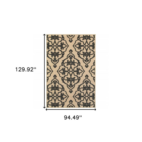 HomeRoots 5' X 8' Beige and Black Medallion Area Rug - Stain Resistant for Indoor and Outdoor High-Traffic Spaces 7'10" x 10'10" 507558