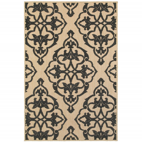 HomeRoots 5' X 8' Beige and Black Medallion Area Rug - Stain Resistant for Indoor and Outdoor High-Traffic Spaces 9'10" x 12'10" 507559