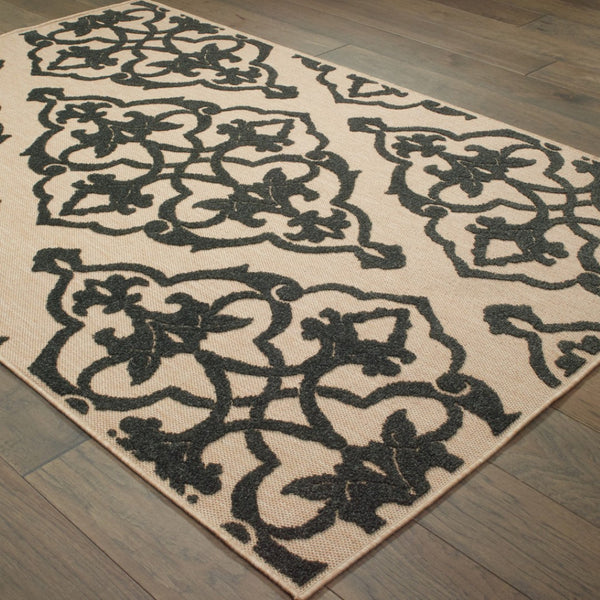 HomeRoots 5' X 8' Beige and Black Medallion Area Rug - Stain Resistant for Indoor and Outdoor High-Traffic Spaces 9'10" x 12'10" 507559