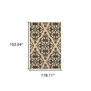 HomeRoots 5' X 8' Beige and Black Medallion Area Rug - Stain Resistant for Indoor and Outdoor High-Traffic Spaces 9'10" x 12'10" 507559