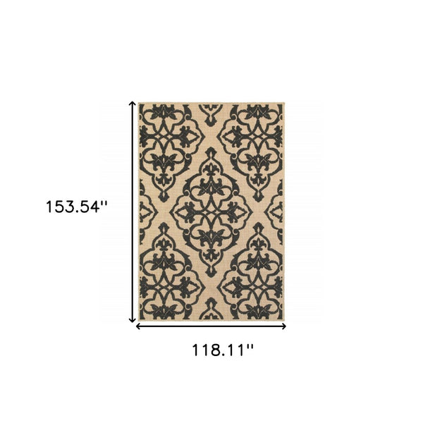 HomeRoots 5' X 8' Beige and Black Medallion Area Rug - Stain Resistant for Indoor and Outdoor High-Traffic Spaces 9'10" x 12'10" 507559
