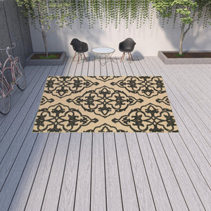 HomeRoots 5' X 8' Beige and Black Medallion Area Rug - Stain Resistant for Indoor and Outdoor High-Traffic Spaces 9'10" x 12'10" 507559