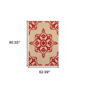 HomeRoots 5' Red Oriental Area Rug - Stain Resistant, Indoor-Outdoor Durable Rug for High-Traffic Spaces 5'3" x 7'6" 507563