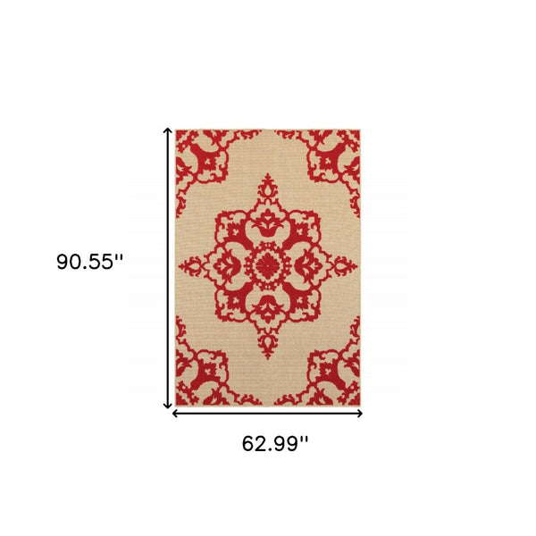HomeRoots 5' Red Oriental Area Rug - Stain Resistant, Indoor-Outdoor Durable Rug for High-Traffic Spaces 5'3" x 7'6" 507563