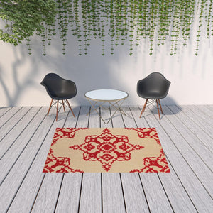 HomeRoots 5' Red Oriental Area Rug - Stain Resistant, Indoor-Outdoor Durable Rug for High-Traffic Spaces 5'3" x 7'6" 507563
