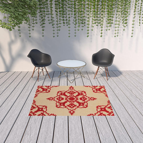 HomeRoots 5' Red Oriental Area Rug - Stain Resistant, Indoor-Outdoor Durable Rug for High-Traffic Spaces 5'3" x 7'6" 507563