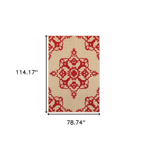 HomeRoots 5' Red Oriental Area Rug - Stain Resistant, Indoor-Outdoor Durable Rug for High-Traffic Spaces 6'7" x 9'6" 507564