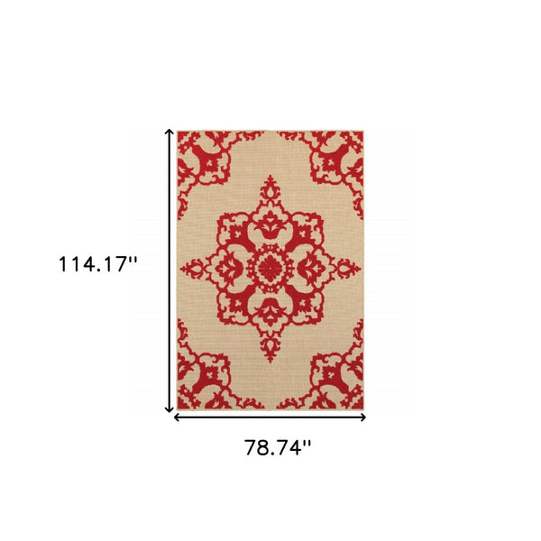HomeRoots 5' Red Oriental Area Rug - Stain Resistant, Indoor-Outdoor Durable Rug for High-Traffic Spaces 6'7" x 9'6" 507564