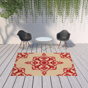 HomeRoots 5' Red Oriental Area Rug - Stain Resistant, Indoor-Outdoor Durable Rug for High-Traffic Spaces 6'7" x 9'6" 507564