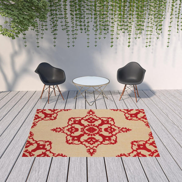 HomeRoots 5' Red Oriental Area Rug - Stain Resistant, Indoor-Outdoor Durable Rug for High-Traffic Spaces 6'7" x 9'6" 507564