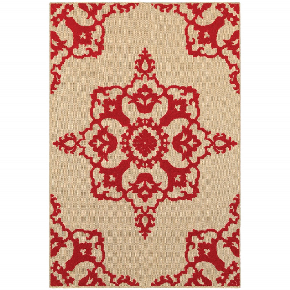 HomeRoots 5' Red Oriental Area Rug - Stain Resistant, Indoor-Outdoor Durable Rug for High-Traffic Spaces 7'10" x 10'10" 507565