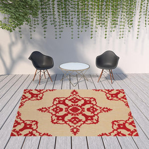 HomeRoots 5' Red Oriental Area Rug - Stain Resistant, Indoor-Outdoor Durable Rug for High-Traffic Spaces 7'10" x 10'10" 507565