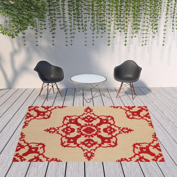 HomeRoots 5' Red Oriental Area Rug - Stain Resistant, Indoor-Outdoor Durable Rug for High-Traffic Spaces 7'10" x 10'10" 507565