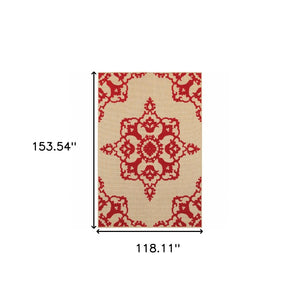 HomeRoots 5' Red Oriental Area Rug - Stain Resistant, Indoor-Outdoor Durable Rug for High-Traffic Spaces 9'10" x 12'10" 507566