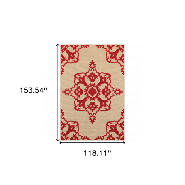 HomeRoots 5' Red Oriental Area Rug - Stain Resistant, Indoor-Outdoor Durable Rug for High-Traffic Spaces 9'10" x 12'10" 507566