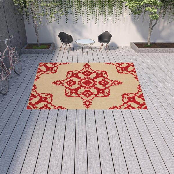 HomeRoots 5' Red Oriental Area Rug - Stain Resistant, Indoor-Outdoor Durable Rug for High-Traffic Spaces 9'10" x 12'10" 507566