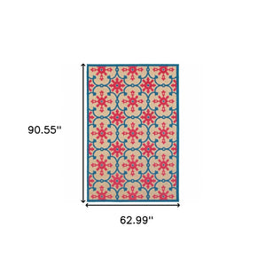 HomeRoots 5' Blue and Beige Oriental Area Rug – Stain-Resistant, Durable, Indoor-Outdoor Design for Any Space 5'3" x 7'6" 507570
