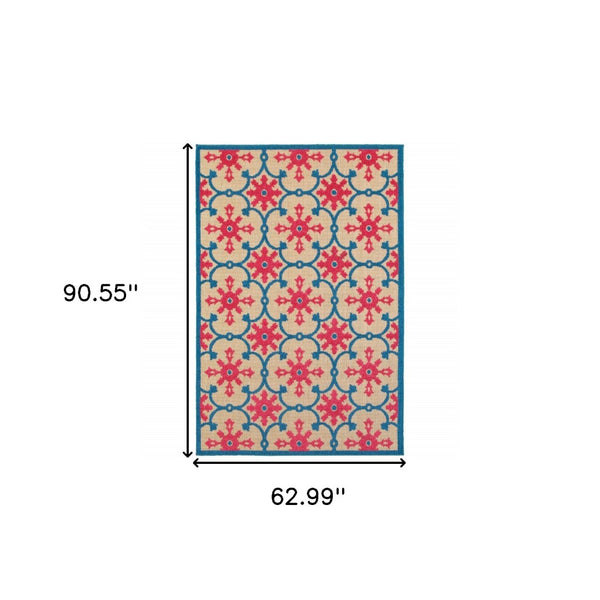 HomeRoots 5' Blue and Beige Oriental Area Rug – Stain-Resistant, Durable, Indoor-Outdoor Design for Any Space 5'3" x 7'6" 507570