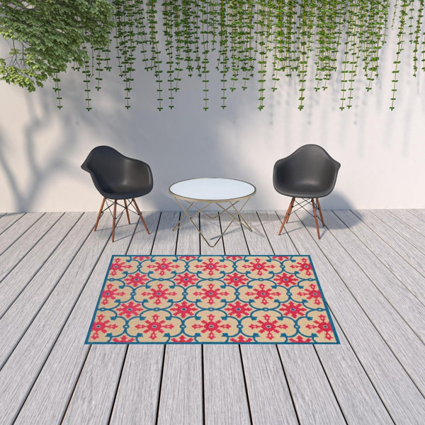 HomeRoots 5' Blue and Beige Oriental Area Rug – Stain-Resistant, Durable, Indoor-Outdoor Design for Any Space 5'3" x 7'6" 507570