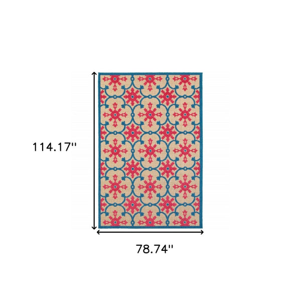 HomeRoots 5' Blue and Beige Oriental Area Rug – Stain-Resistant, Durable, Indoor-Outdoor Design for Any Space 6'7" x 9'6" 507571