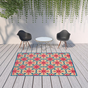 HomeRoots 5' Blue and Beige Oriental Area Rug – Stain-Resistant, Durable, Indoor-Outdoor Design for Any Space 6'7" x 9'6" 507571