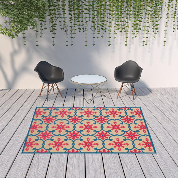 HomeRoots 5' Blue and Beige Oriental Area Rug – Stain-Resistant, Durable, Indoor-Outdoor Design for Any Space 6'7" x 9'6" 507571