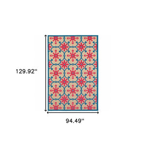 HomeRoots 5' Blue and Beige Oriental Area Rug – Stain-Resistant, Durable, Indoor-Outdoor Design for Any Space 7'10" x 10'10" 507572