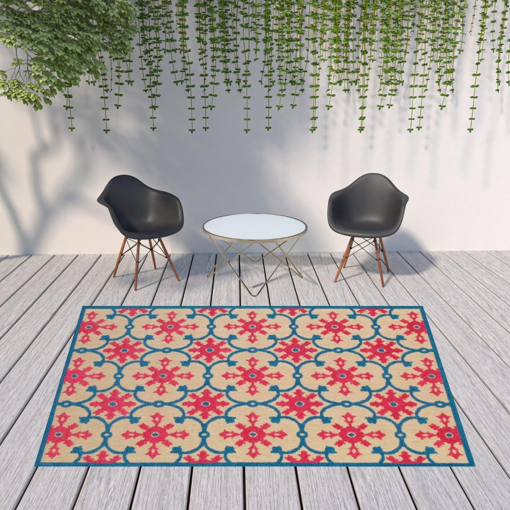 HomeRoots 5' Blue and Beige Oriental Area Rug – Stain-Resistant, Durable, Indoor-Outdoor Design for Any Space 7'10" x 10'10" 507572