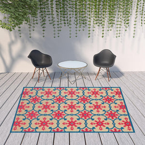 HomeRoots 5' Blue and Beige Oriental Area Rug – Stain-Resistant, Durable, Indoor-Outdoor Design for Any Space 7'10" x 10'10" 507572