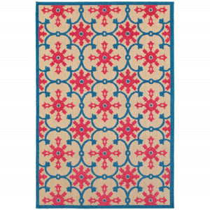 HomeRoots 5' Blue and Beige Oriental Area Rug – Stain-Resistant, Durable, Indoor-Outdoor Design for Any Space 9'10" x 12'10" 507573