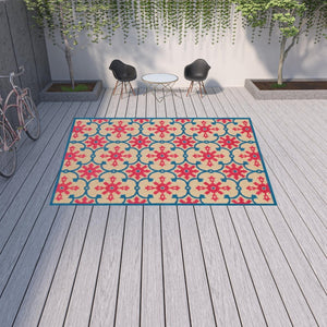 HomeRoots 5' Blue and Beige Oriental Area Rug – Stain-Resistant, Durable, Indoor-Outdoor Design for Any Space 9'10" x 12'10" 507573