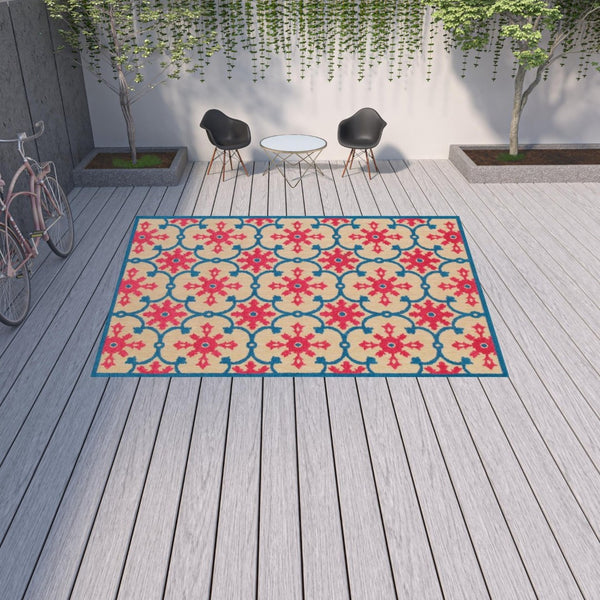 HomeRoots 5' Blue and Beige Oriental Area Rug – Stain-Resistant, Durable, Indoor-Outdoor Design for Any Space 9'10" x 12'10" 507573
