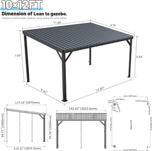 English Elm 10x12ft Lean to Hardtop Gazebo Wall Mounted Steel Roof Shelter for Deck Patio Gray W1859S00193