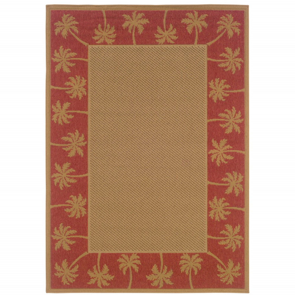 HomeRoots 9' Indoor Outdoor Area Rug - Stain Resistant, Durable, Low Profile Design with Elegant Palm Border Beige/ Red 8'6" x 13' 507624