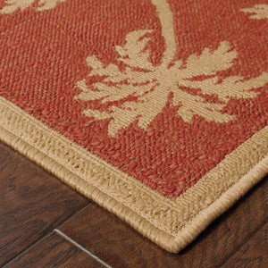 HomeRoots 9' Indoor Outdoor Area Rug - Stain Resistant, Durable, Low Profile Design with Elegant Palm Border Beige/ Red 8'6" x 13' 507624