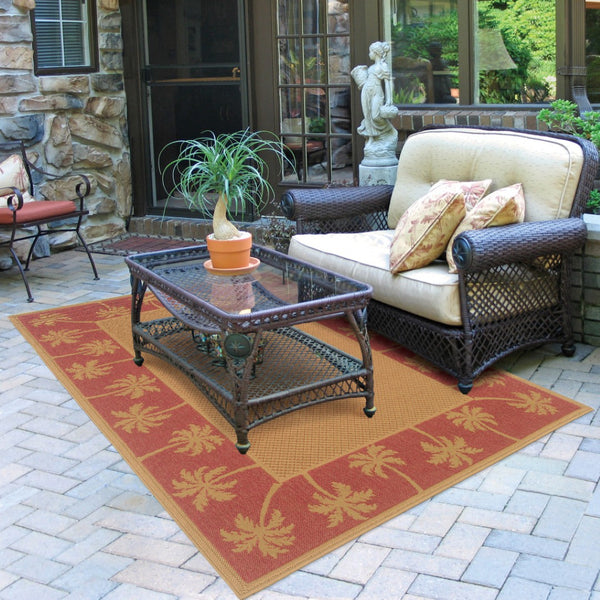 HomeRoots 9' Indoor Outdoor Area Rug - Stain Resistant, Durable, Low Profile Design with Elegant Palm Border Beige/ Red 8'6" x 13' 507624