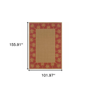HomeRoots 9' Indoor Outdoor Area Rug - Stain Resistant, Durable, Low Profile Design with Elegant Palm Border Beige/ Red 8'6" x 13' 507624
