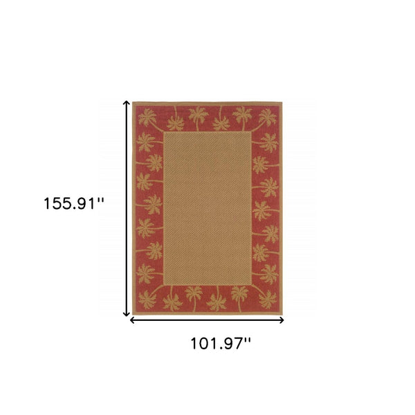 HomeRoots 9' Indoor Outdoor Area Rug - Stain Resistant, Durable, Low Profile Design with Elegant Palm Border Beige/ Red 8'6" x 13' 507624