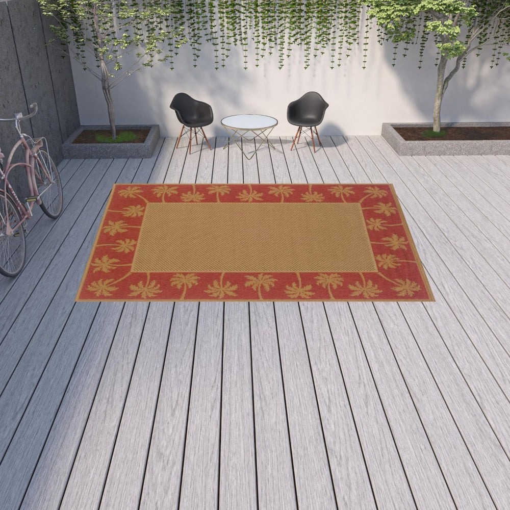 HomeRoots 9' Indoor Outdoor Area Rug - Stain Resistant, Durable, Low Profile Design with Elegant Palm Border Beige/ Red 8'6" x 13' 507624