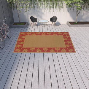 HomeRoots 9' Indoor Outdoor Area Rug - Stain Resistant, Durable, Low Profile Design with Elegant Palm Border Beige/ Red 8'6" x 13' 507624