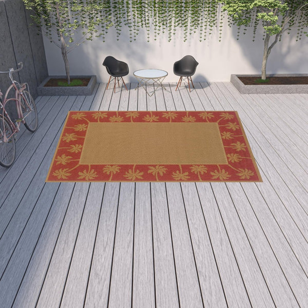 HomeRoots 9' Indoor Outdoor Area Rug - Stain Resistant, Durable, Low Profile Design with Elegant Palm Border Beige/ Red 8'6" x 13' 507624