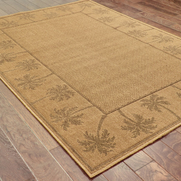 HomeRoots 9' Indoor Outdoor Area Rug - Stain Resistant, Durable, Low Profile Design with Elegant Palm Border Beige/ Tan 7'3" x 10'6" 507631