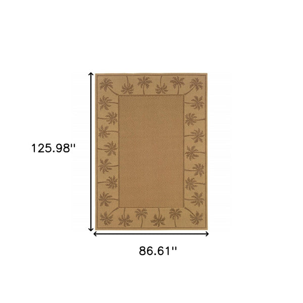 HomeRoots 9' Indoor Outdoor Area Rug - Stain Resistant, Durable, Low Profile Design with Elegant Palm Border Beige/ Tan 7'3" x 10'6" 507631