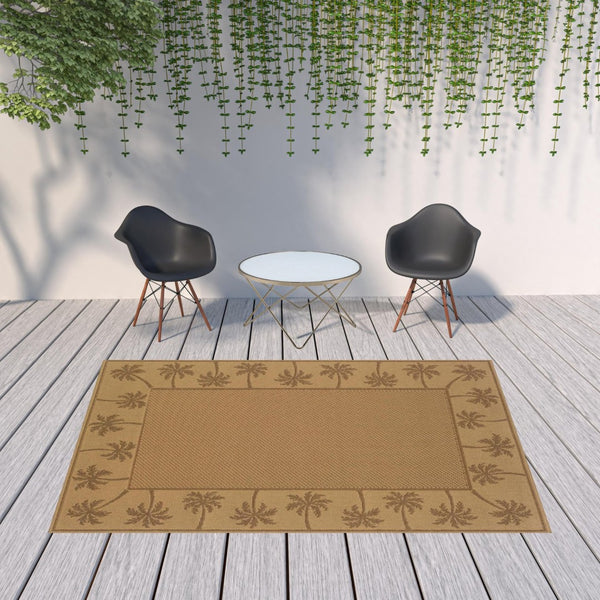HomeRoots 9' Indoor Outdoor Area Rug - Stain Resistant, Durable, Low Profile Design with Elegant Palm Border Beige/ Tan 7'3" x 10'6" 507631